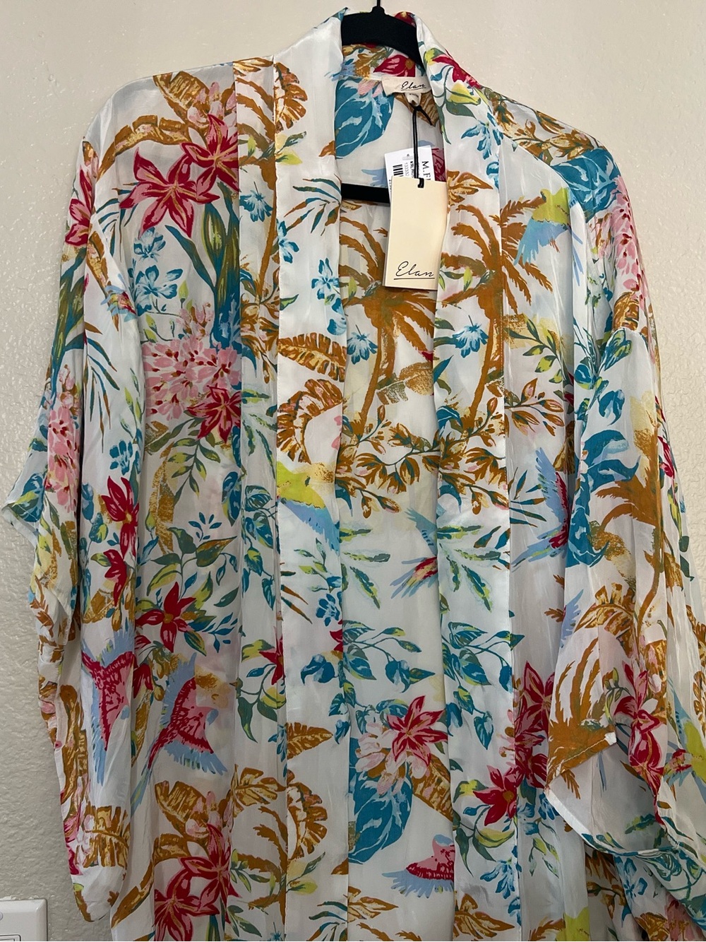 Elan Floral Sheer Kimono in White with Teal, Gold, Pink